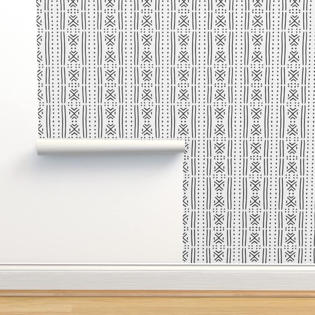 Removable Wallpaper Swatch - Line Mudcloth Geo Boho Black White Africa Inspired Custom Pre-Pasted Wallpaper | Peel & Stick Wall Decor for Bedroom, Living Room, Nursery, Office | Spoonflower