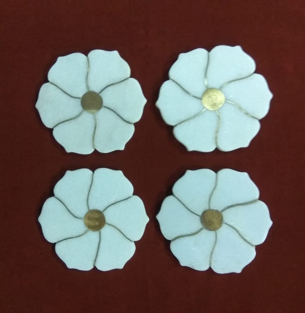 White Marble Coasters Set of 6 with Golden Brass Inlay - 5 Inch Round Drink Coasters for Tea, Coffee & Wine - Elegant Tableware & Bar Accessories for Dining Table, Home Decor & Gift Giving