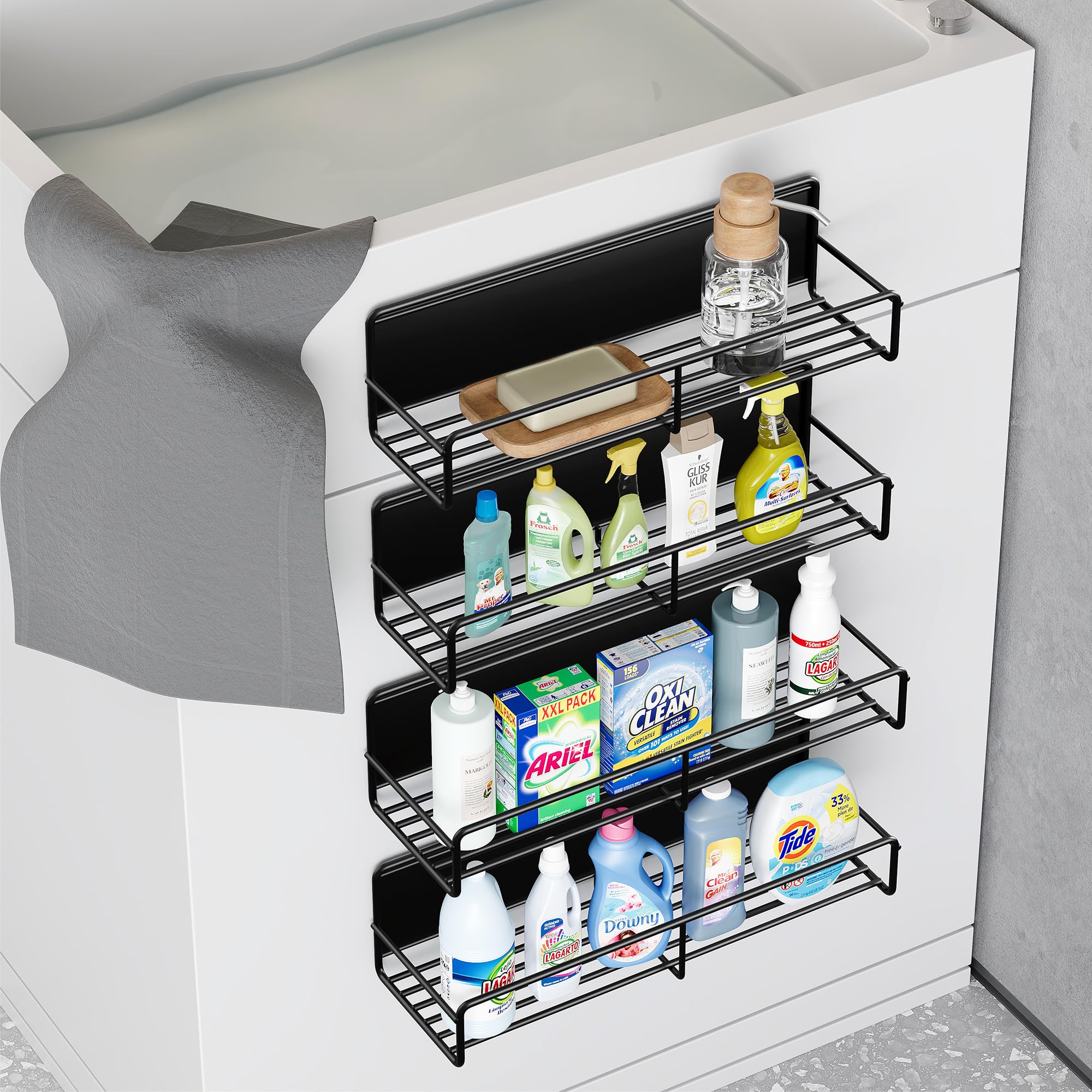 4 Pack Magnetic Spice Rack for Refrigerator - Strong Magnetic Shelf Organizer for Kitchen Storage (Black) | Perfect for Spices, Condiments & Small Jars in Fridge or Pantry