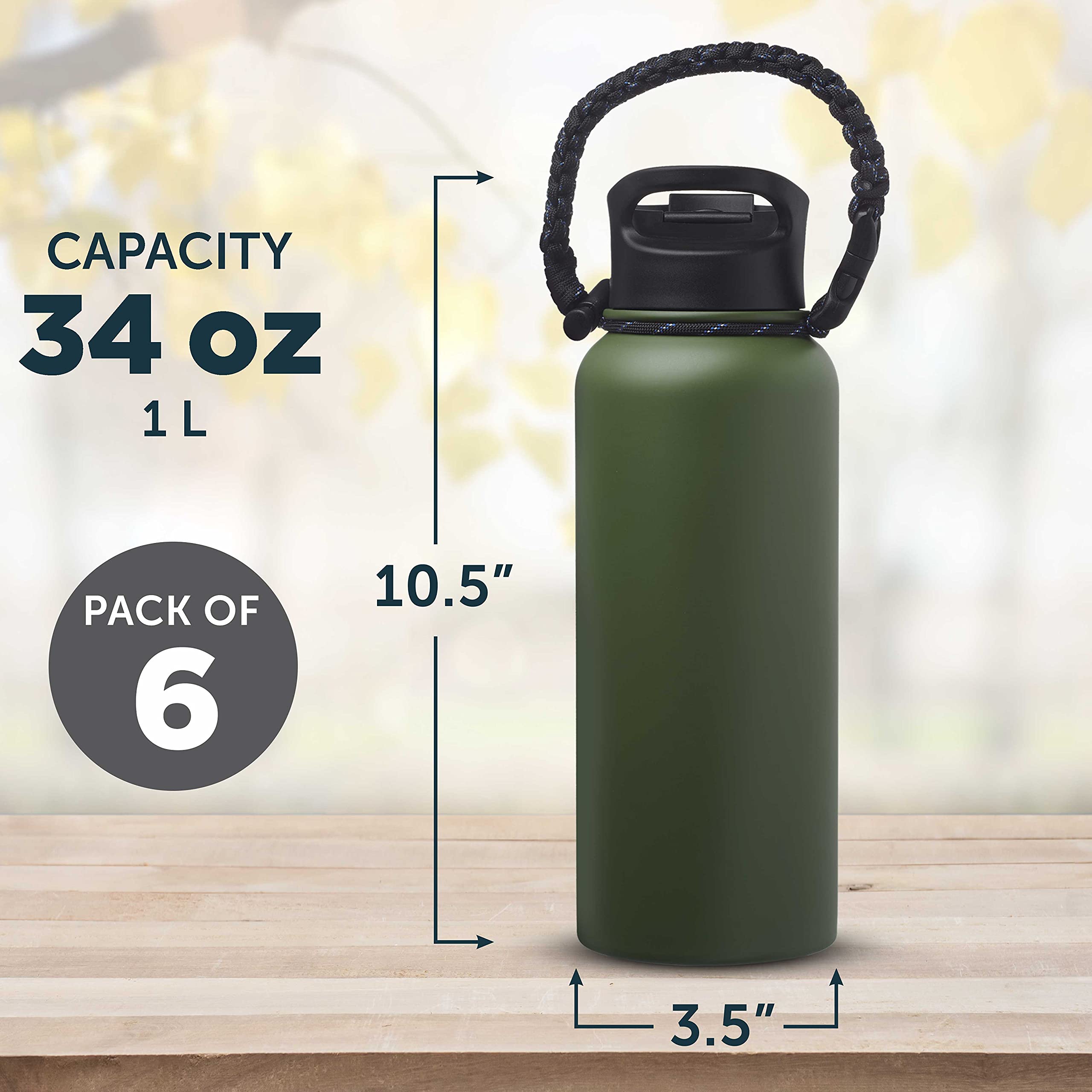 6 Pack Vulcan Stainless Steel Water Bottles 34oz - Double Wall Vacuum Insulated Army Green - Leak Proof with Strap - Perfect for Hiking, Camping & Outdoor Activities