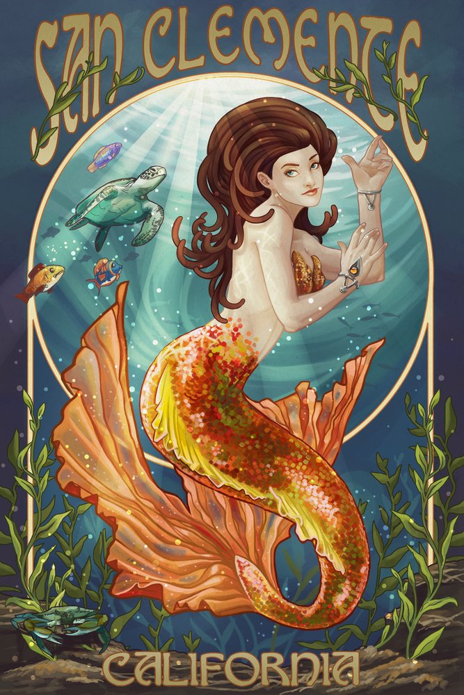 Lantern Press San Clemente California Mermaid Wall Art Poster - 12x18 Inch Coastal Decor for Beach House, Bedroom & Living Room