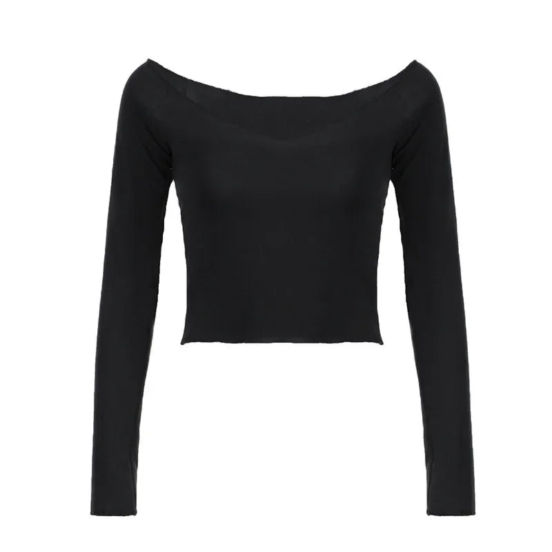 Women's Basic Fitted V-Neck Long Sleeve T-Shirts - Black & White Cropped Tees for Fall | Y2K P84 AG13 Style | Perfect for Layering, Casual Outfits & Streetwear Fashion