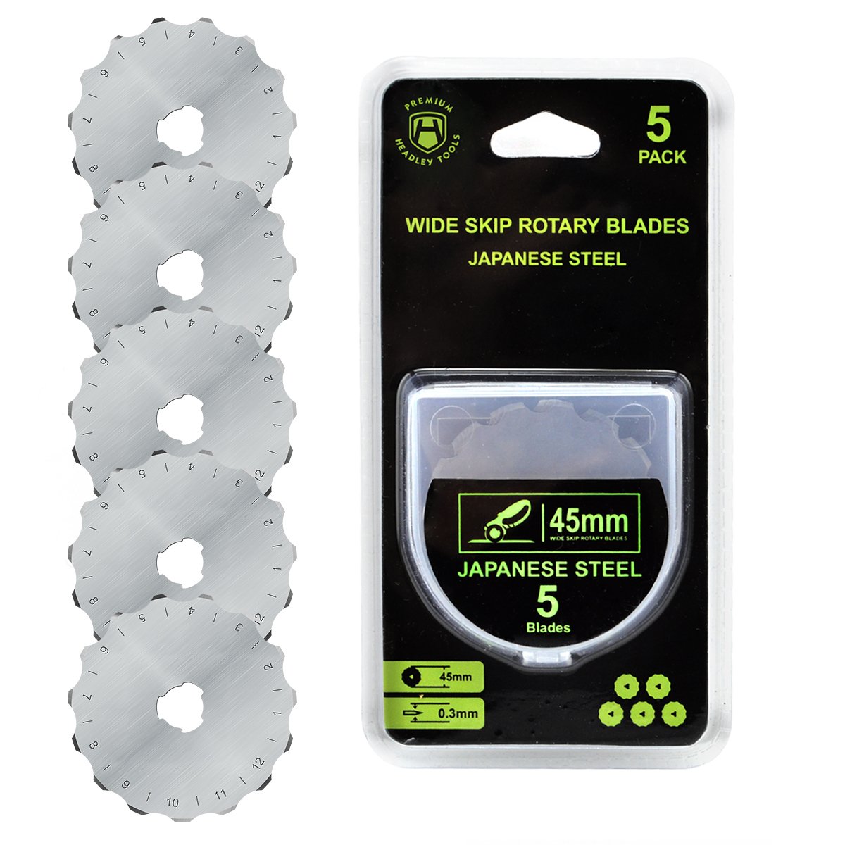 Headley Tools 45mm Rotary Crochet Edge Skip Blades - Pack of 5 (45MM Skip, 15 Teeth) with Storage Case - Compatible with Olfa & Fiskars Cutters - Perfect for Fabric Cutting, Quilting, and DIY Craft Projects