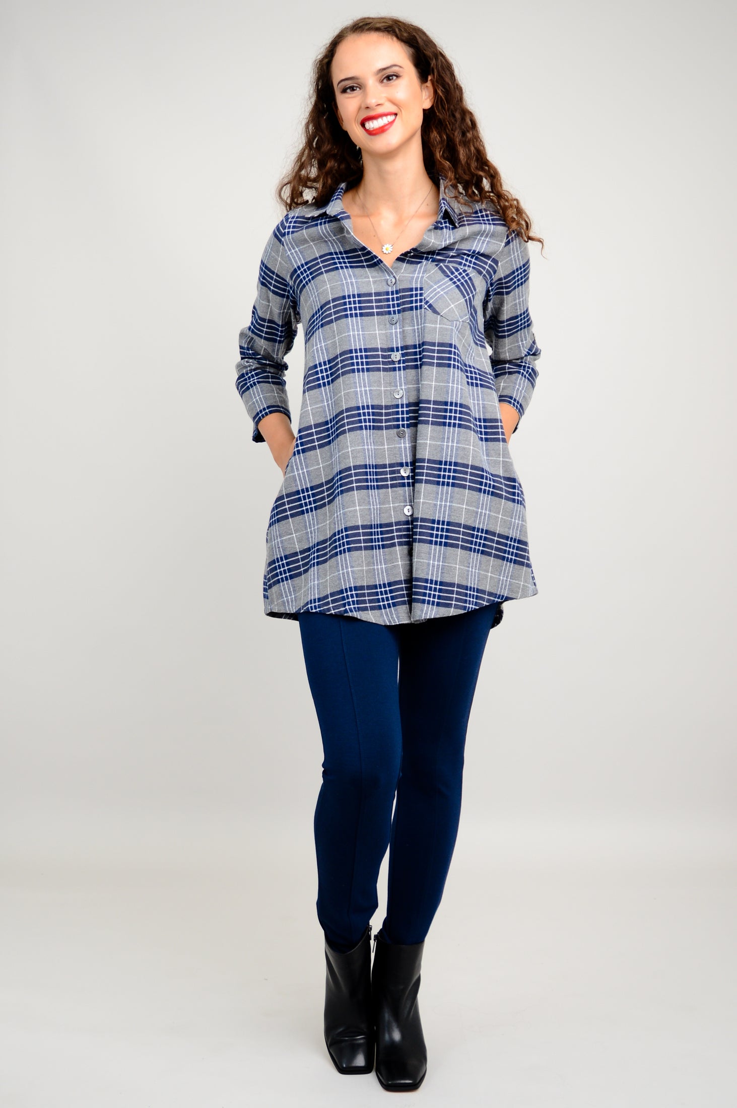 Celine Women's Cotton Flannel Tunic Top - Spruce Plaid Print - Cozy Fall & Winter Shirt for Casual Wear, Office & Holiday Outfits