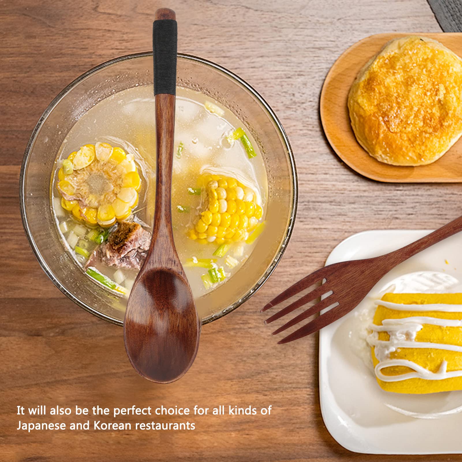 6-Piece Reusable Wooden Spoon and Fork Set - 8.9 Inch Eco-Friendly Japanese Style Cutlery for Camping, Picnics & Home Dining - Natural Wood Utensils for Sustainable Eating