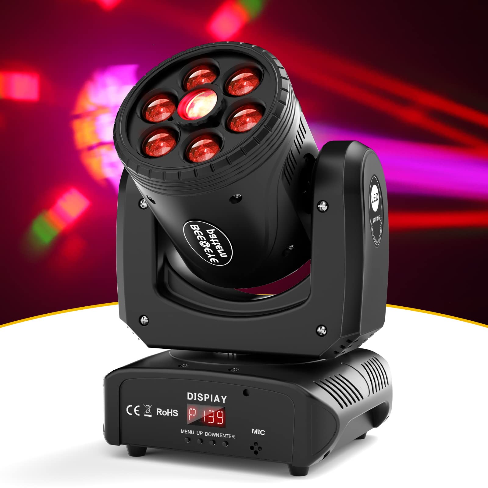 120W Moving Head Lights with RGBW Colors & 8 Gobos - 2-in-1 Bee Eye Design, DMX 512 Controller, Sound Activated - Perfect for Wedding, Club, Party, and Stage Lighting (16/18 Channels)