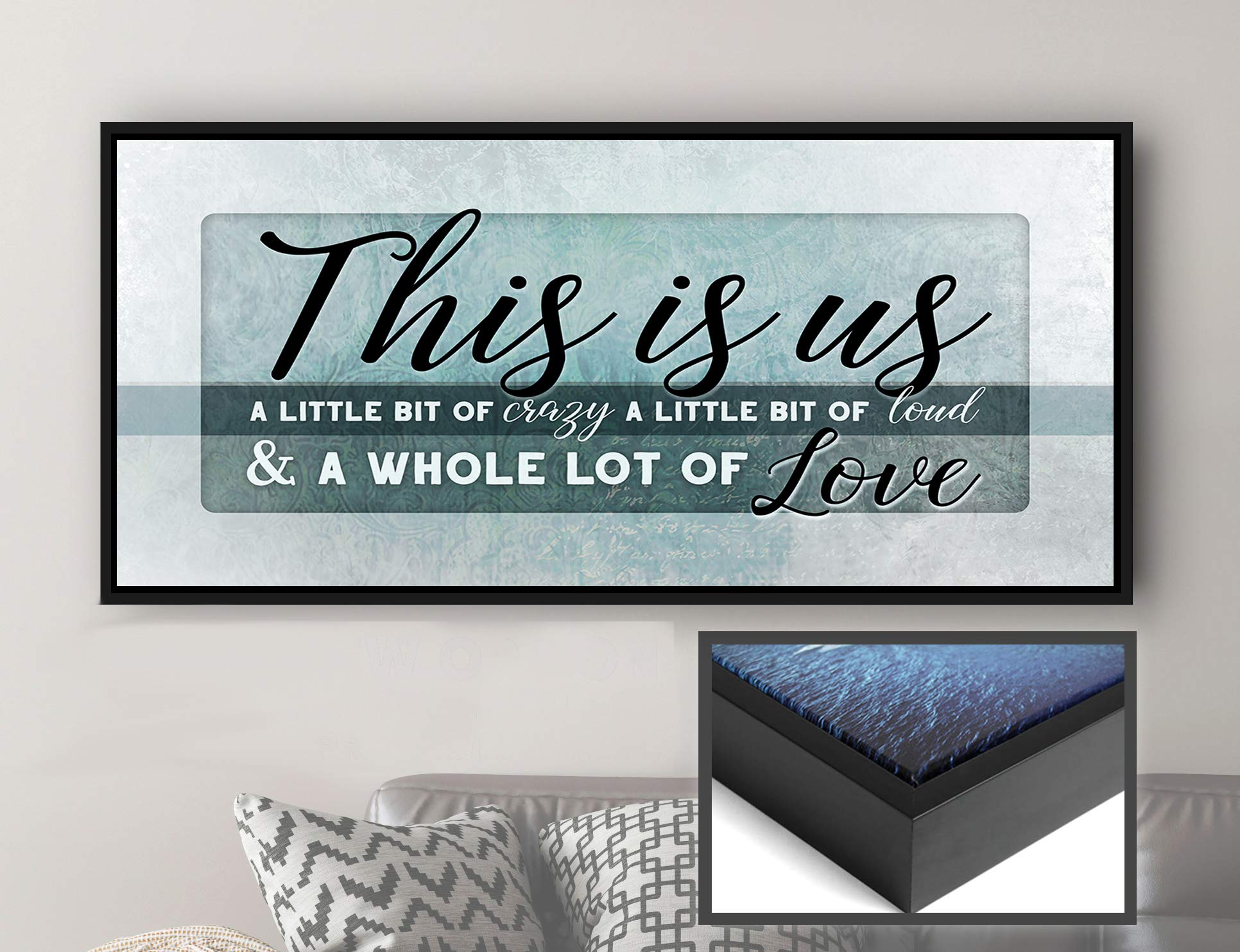 This Is Us Framed Wall Art - Large Canvas Farmhouse Decor for Living Room, Housewarming Gift for New Home (Teal, Black Floating Frame 42x19) | Perfect for Family Photos, Rustic Home Decor & Modern Interior Design
