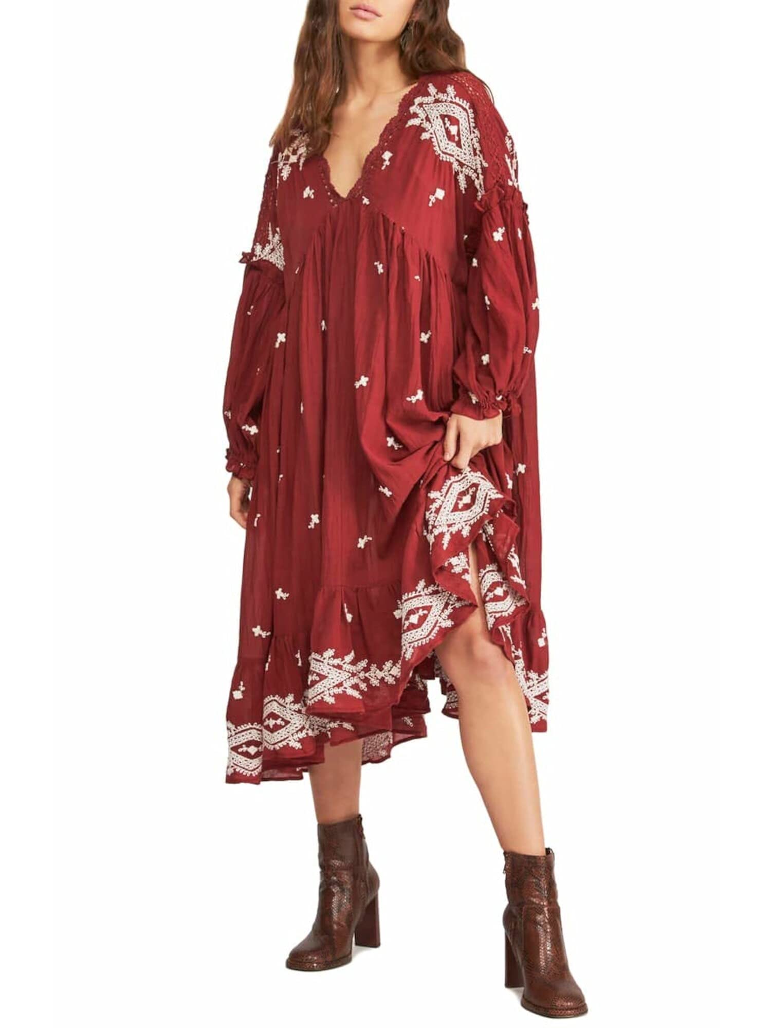 Free Women's Boho Trapeze Midi Dress - Flowy Bohemian Summer Dress for Beach, Vacation & Casual Wear