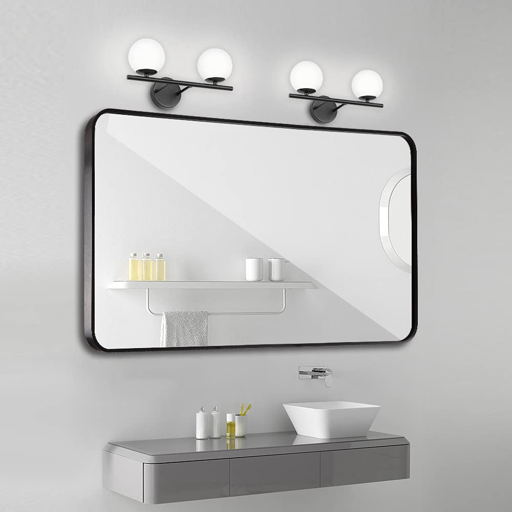 Modern Brushed Black Bathroom Vanity Light Fixtures with Milk White Globe Glass Shade - Wall Sconce for Mirror Lighting, Perfect for Contemporary Home Decor and Spa-Like Ambience