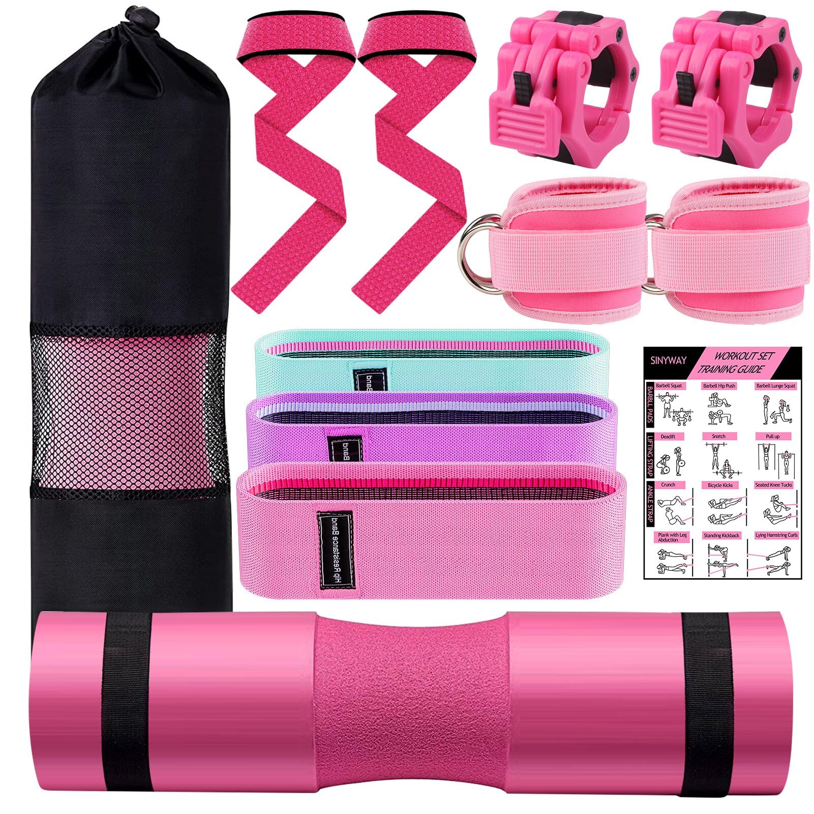 SINYWAY 11-Piece Barbell Pad Set for Hip Thrusts, Squats & Lunges - Includes 2 Gym Ankle Straps, 3 Resistance Bands, 2 Lifting Straps, 2 Barbell Clips & Carry Bag - Perfect for Home Gym, Leg Day & CrossFit Workouts