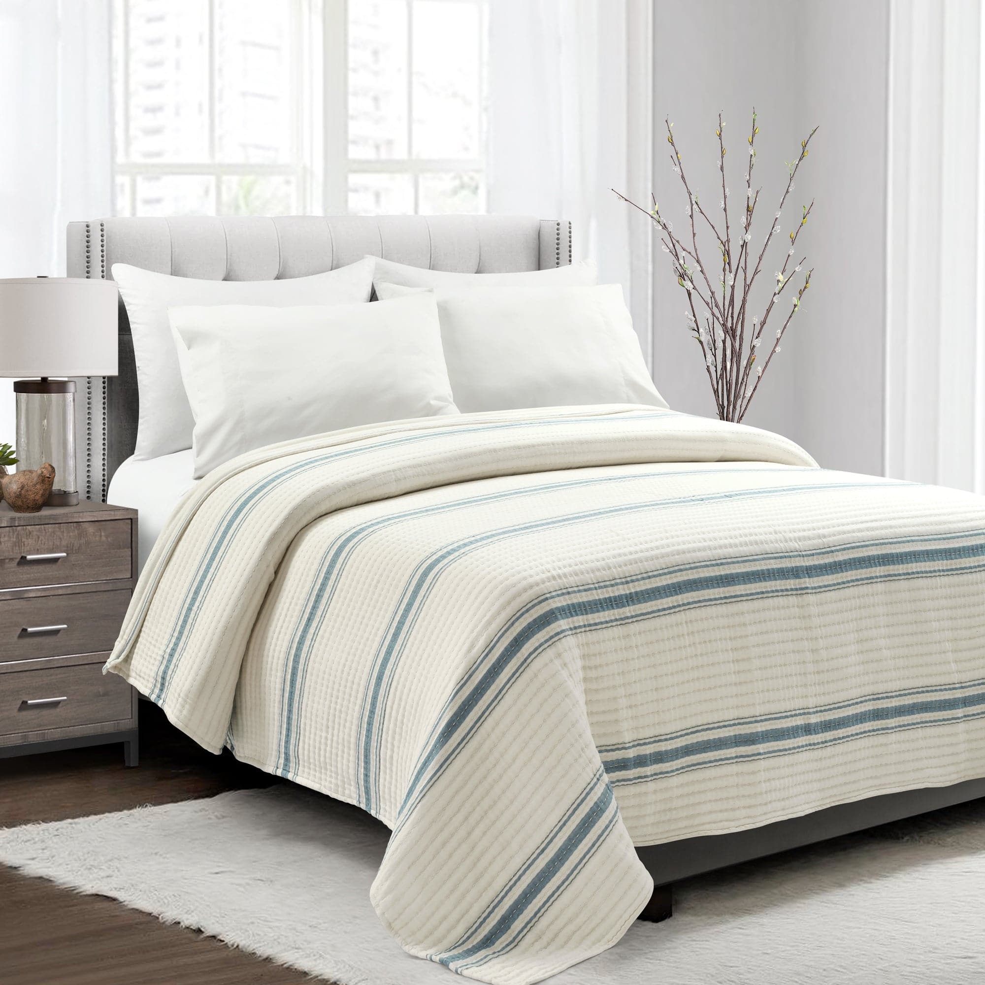 Farmhouse Stripe Kantha Pick Stitch Yarn Dyed Cotton Woven Blanket - Soft Handmade Throw Quilt for Bed, Sofa & Couch - Perfect for Cozy Home Decor, Picnics and Gift Giving