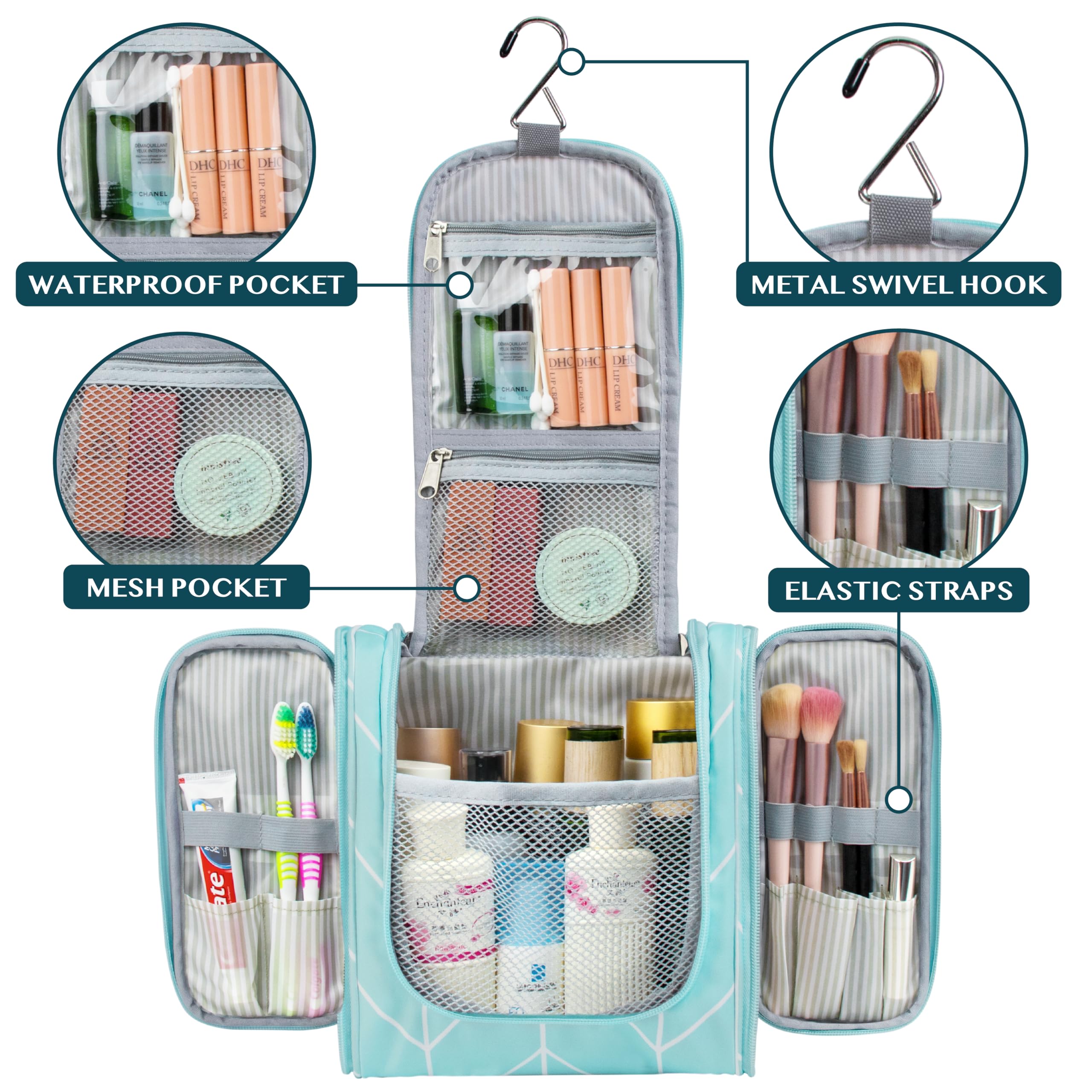PAVILIA Hanging Toiletry Bag for Women & Men - Waterproof Travel Cosmetic Organizer with Large Capacity for Makeup, Accessories & Toiletries - Perfect for Travel, Gym, Camping & Daily Use (Teal Chevron)