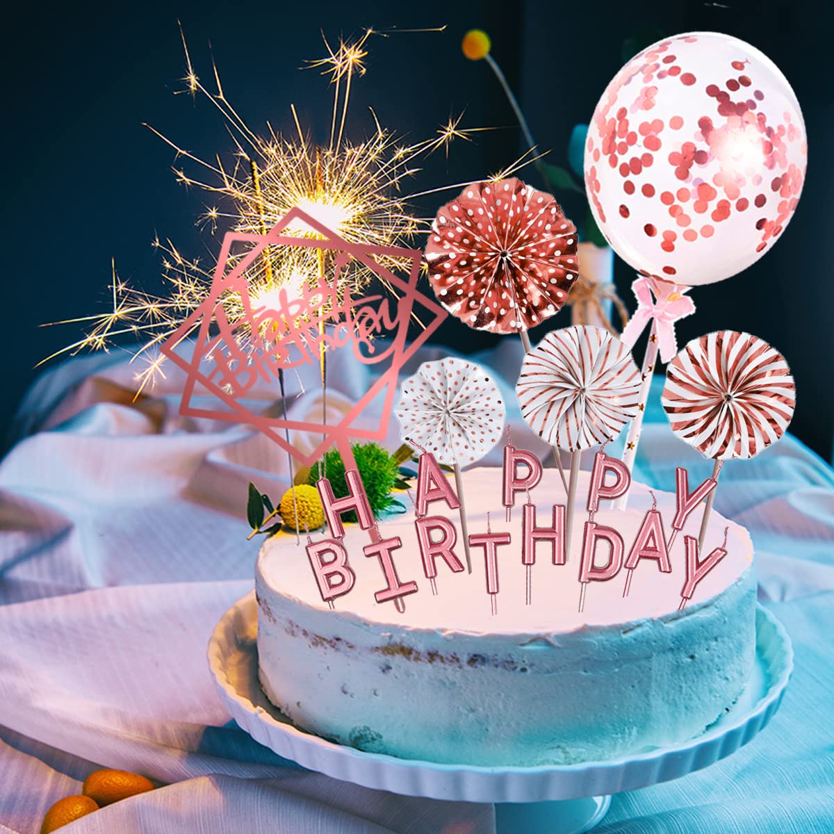 Rose Gold Happy Birthday Cake Topper Set - Acrylic Cake Decorations with Candles, Confetti Balloons & Paper Fans for Women's Birthday Party Decorations | Perfect for Rose Gold Themed Celebrations, Bridal Showers & Baby Showers