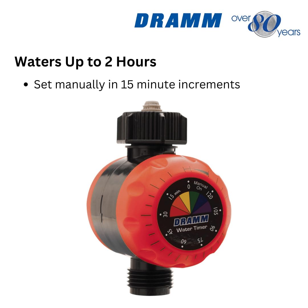 Dramm ColorStorm Premium Mechanical Water Hose Timer - Automatic Shutoff, 120 Min Run Time, Compact Design for Lawn, Garden, Drip & Soaker Hoses (Red) - Perfect for Automated Watering Systems & Irrigation Control