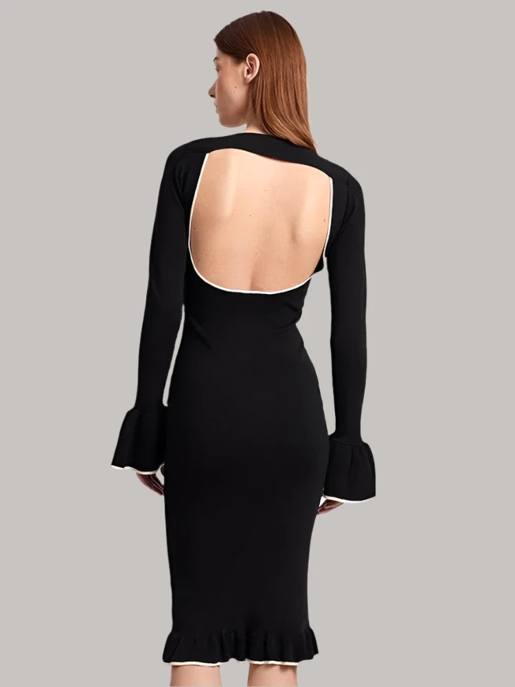 Elegant Black Hollow Backless Pencil Dress - French Style Sexy Ruffle Flare Sleeve Midi Dress for Women 2023 | Perfect for Cocktail Parties, Date Nights & Formal Events | C85 CC30