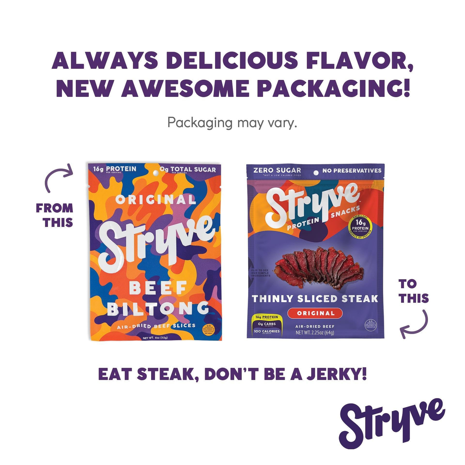 Stryve Beef Biltong - High Protein Steak Snacks, 36g Protein, Sugar Free, Keto & Paleo Friendly | Gluten Free, Dairy Free, Low Carb | Original Flavor, Pack of 4 | Perfect for Hiking, Gym & On-the-Go Snacking