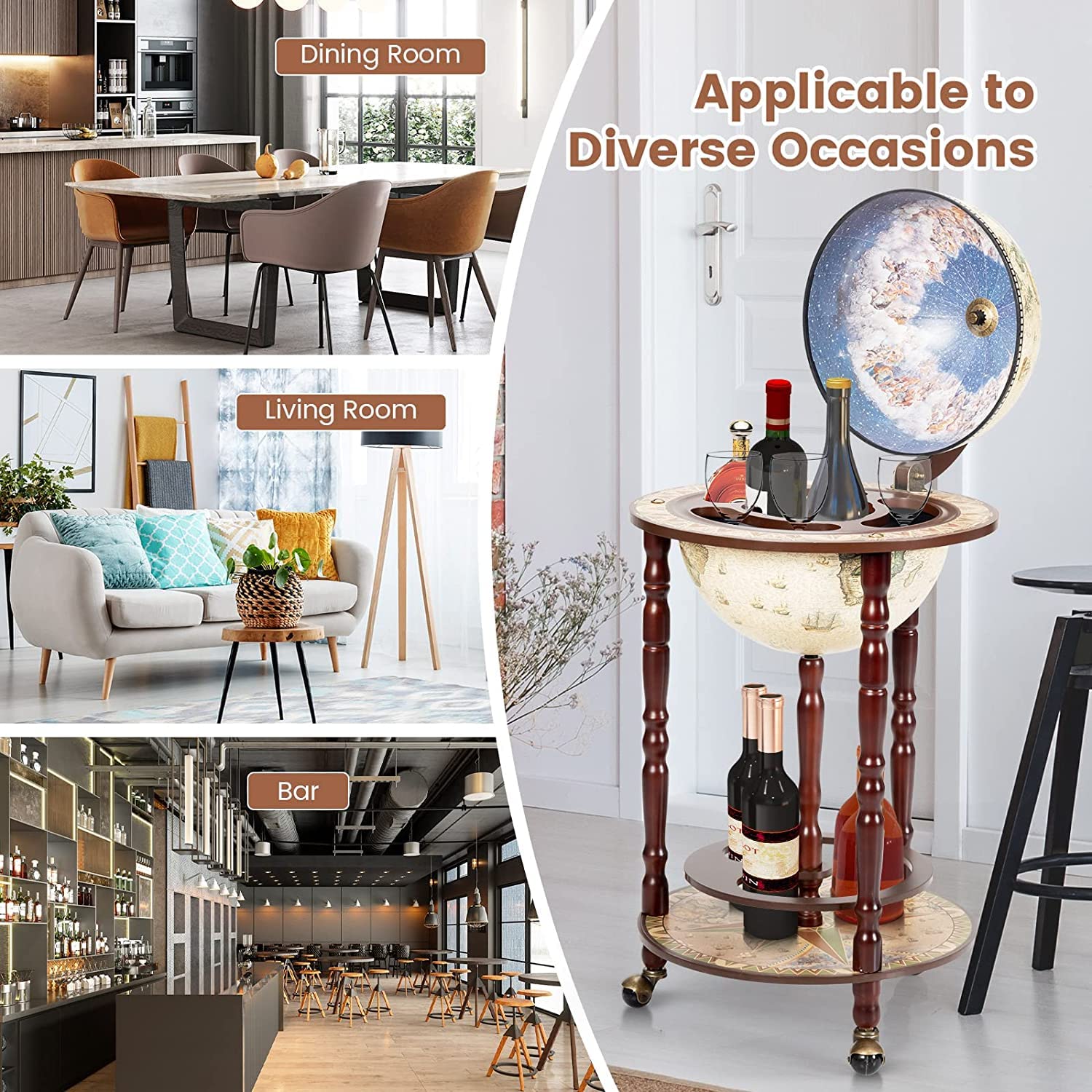 Byroce Globe Bar Cart - Wooden Wine Bar Cabinet with Wheels & Liquor Bottle Shelf - Italian Style Rolling Liquor Cabinet for Home Bar, Dining Room & Living Room - Cream White - Perfect for Cocktail Parties, Wine Tasting & Home Entertaining