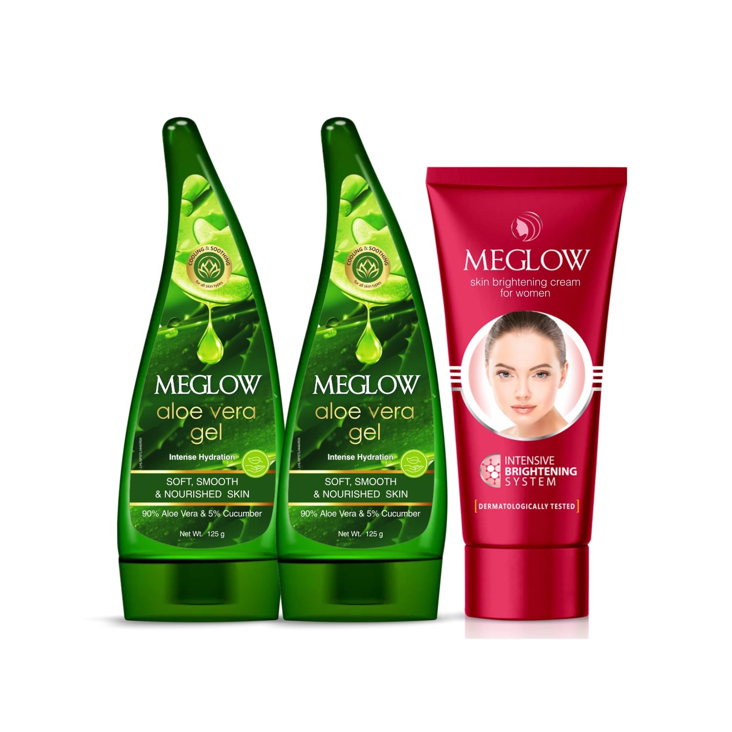 Meglow Skincare Combo Pack - 2x Aloe Vera Gel (125ml Each) with Aloe Vera & Cucumber Extracts + Vitamin E Fairness Cream (50g) for Women | Paraben Free, Nourishing & Soothing | Perfect for Daily Skincare Routine & Sunburn Relief