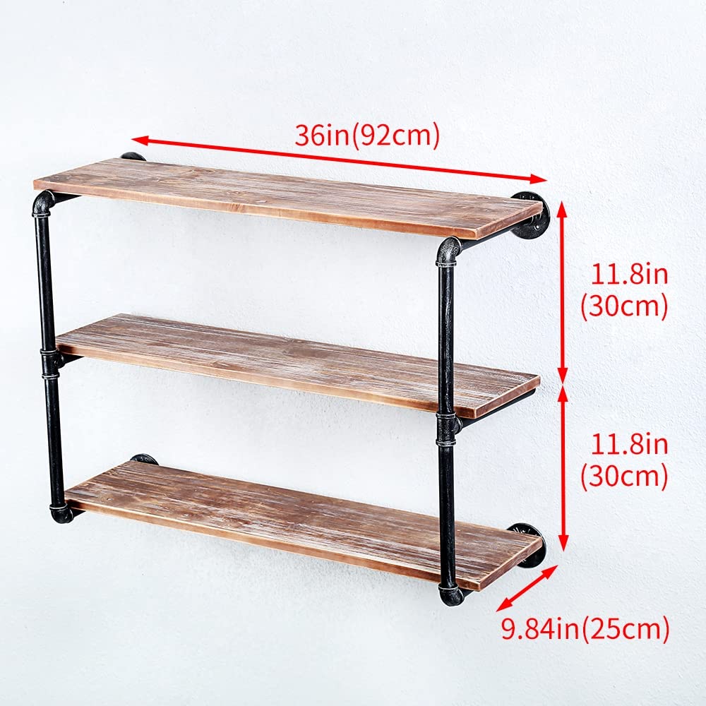 Industrial Pipe Floating Shelves with Wood Shelf - 3 Tier 36 Inch Wall Mounted Metal Shelving for Books & Decor | Perfect for Living Room, Bedroom & Office Storage