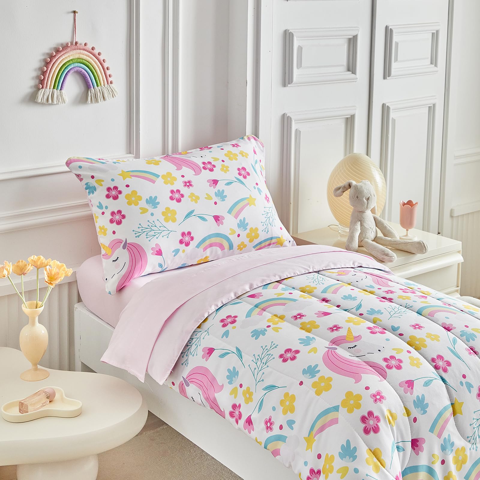 **Unicorn Toddler Bedding Set for Girls - 4PC Light Pink Floral Rainbow Princess Bed Set with Soft Blue Yellow Sheets & Pillow Shams | Cute Nursery Decor for Toddler Beds & Kids Rooms**
