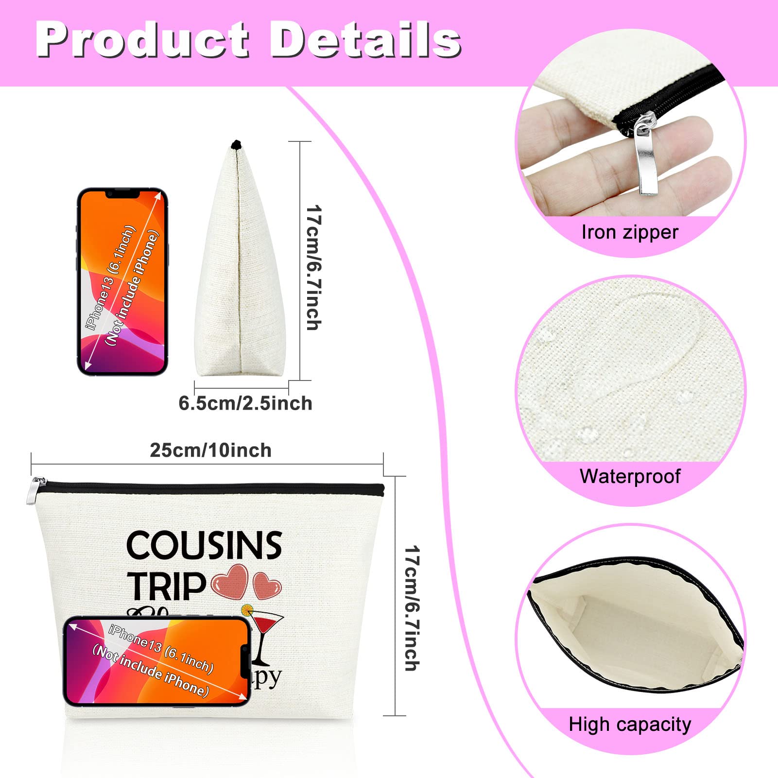 2-Piece Cousin Makeup Bags Set - Funny Inspirational Cosmetic Bags for Women | Perfect Cousins Trip Gifts, Birthday Presents & Female Friendship Weekend Accessories | Great for Travel, Storage & Gift-Giving Occasions