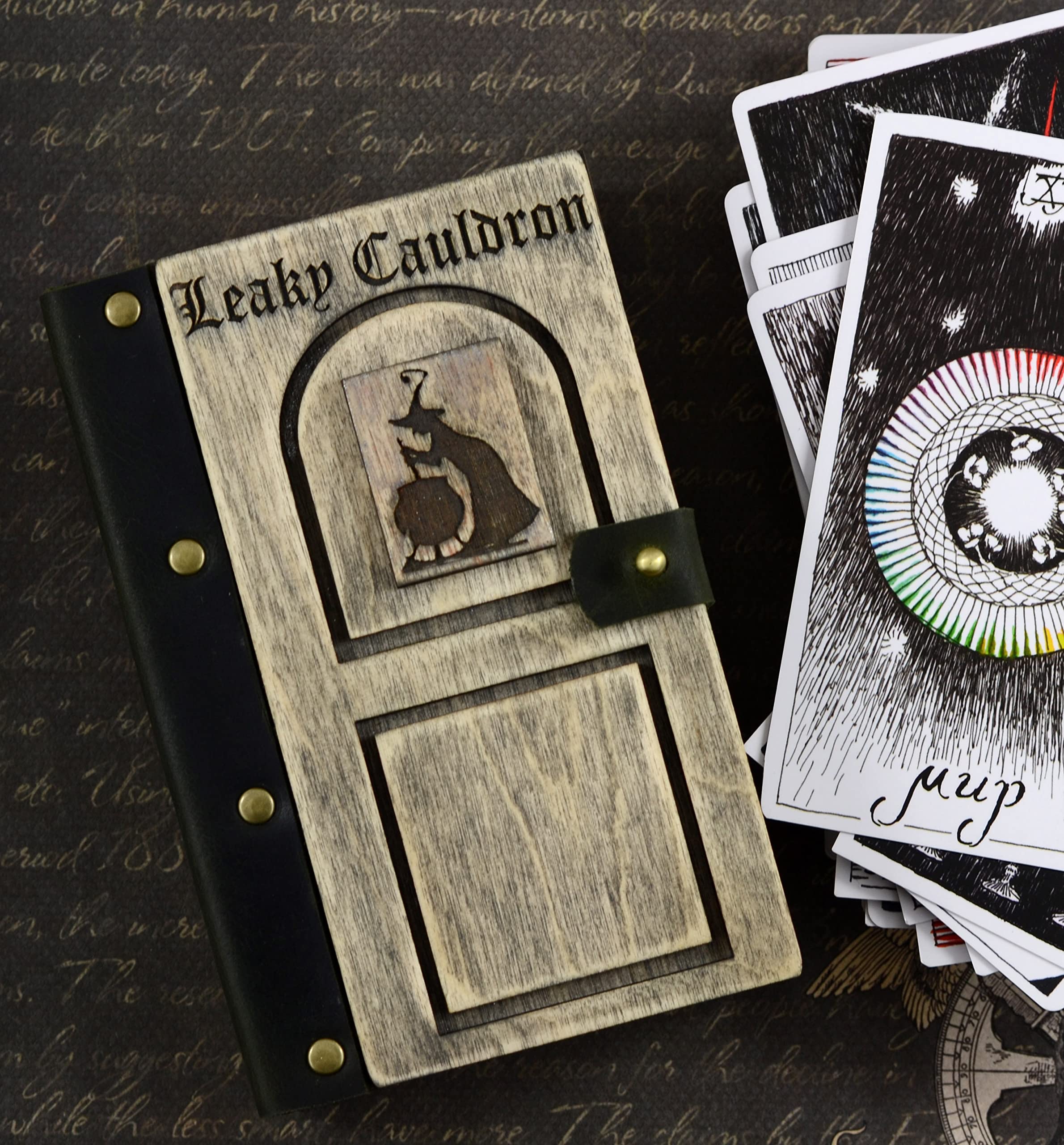 Handmade Wooden Tarot Card Box - Witches Tarot Holder & Leaky Cauldron Storage | Witchcraft Gift, Wiccan Decor for Halloween & Spiritual Rituals