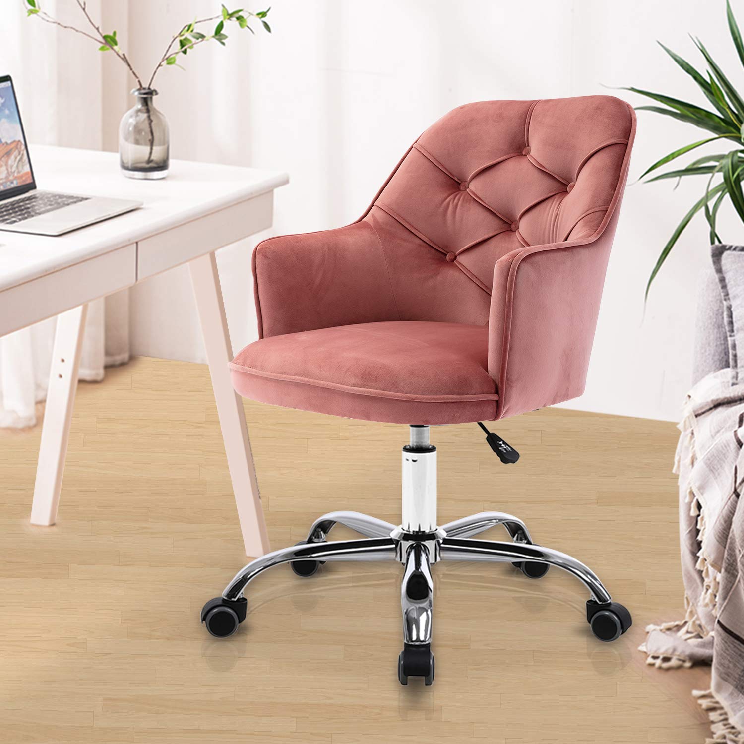 Ergonomic Velvet Mid Back Office Chair - Adjustable Height Swivel Computer Desk Chair for Home Office, Vanity & Cafe - Comfortable Task Chair for Work, Gaming & Makeup (Bean Red)
