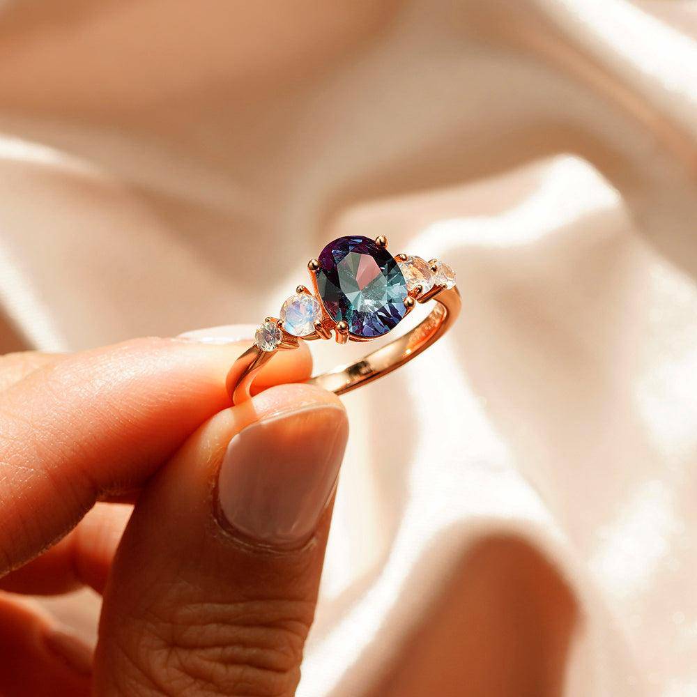1.5 CT Oval Alexandrite Engagement Ring with Moonstone Accents - Elegant Wedding & Proposal Jewelry for Her, Perfect for Anniversaries & Special Occasions