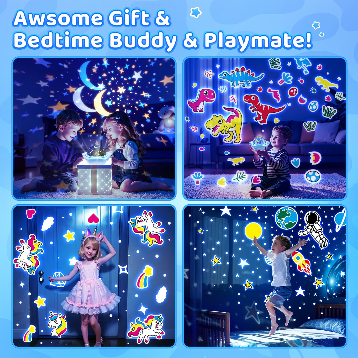Kids Night Light Projector - 42 Modes, 6 Films, Dimmer & Timer, Star Projector with Remote Control, Rechargeable Battery, 360° Silent Rotation | Perfect for Bedroom Decor, Baby Sleep Aid, Children's Gift & Nursery Night Light