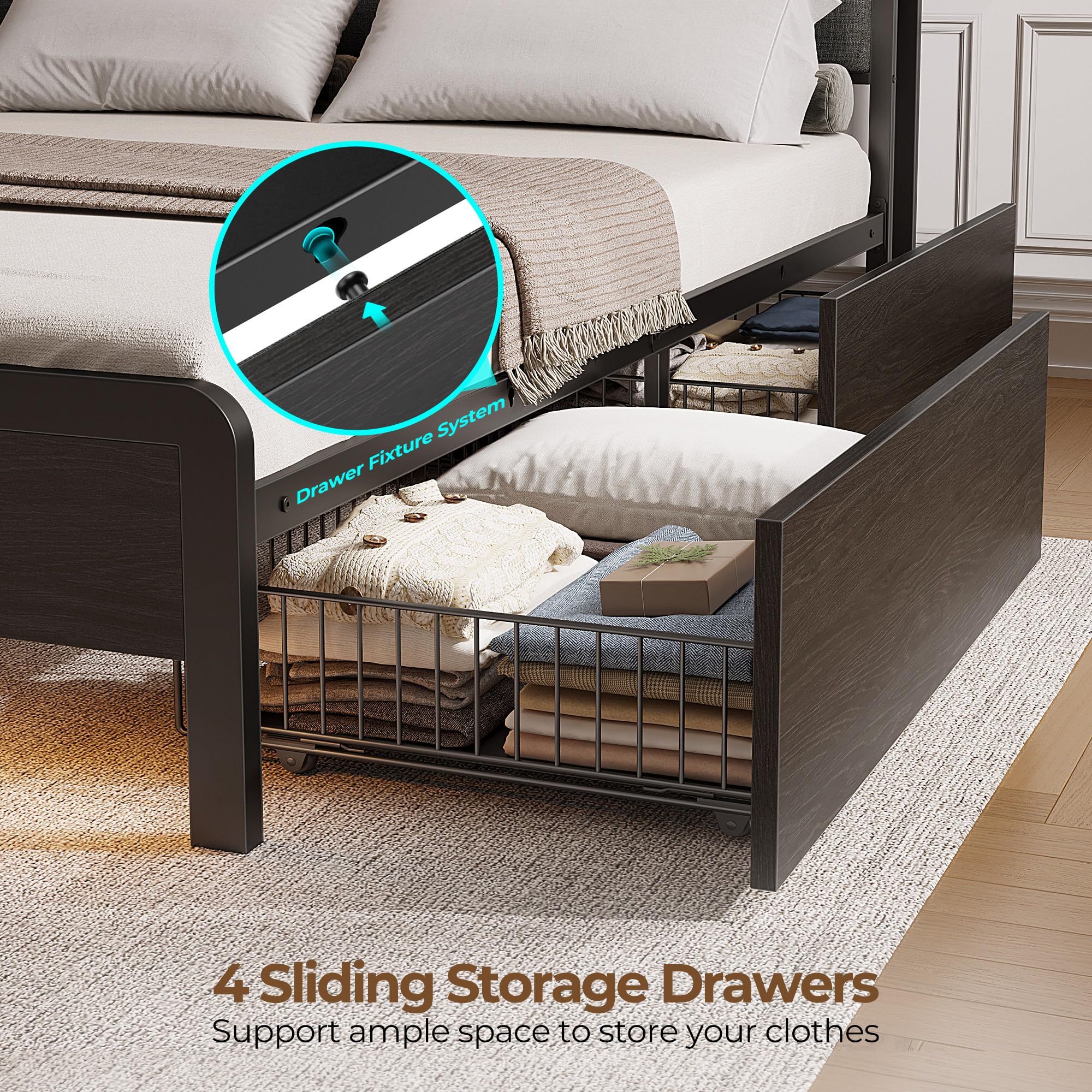 Rolanstar Queen Size Bed Frame with USB Charging Station, LED Lights & Storage Headboard - Heavy Duty Metal Slats, No Box Spring Needed, Noise Free & Easy Assembly - Dark Grey Upholstered Bed for Modern Bedrooms, Guest Rooms & Small Apartments