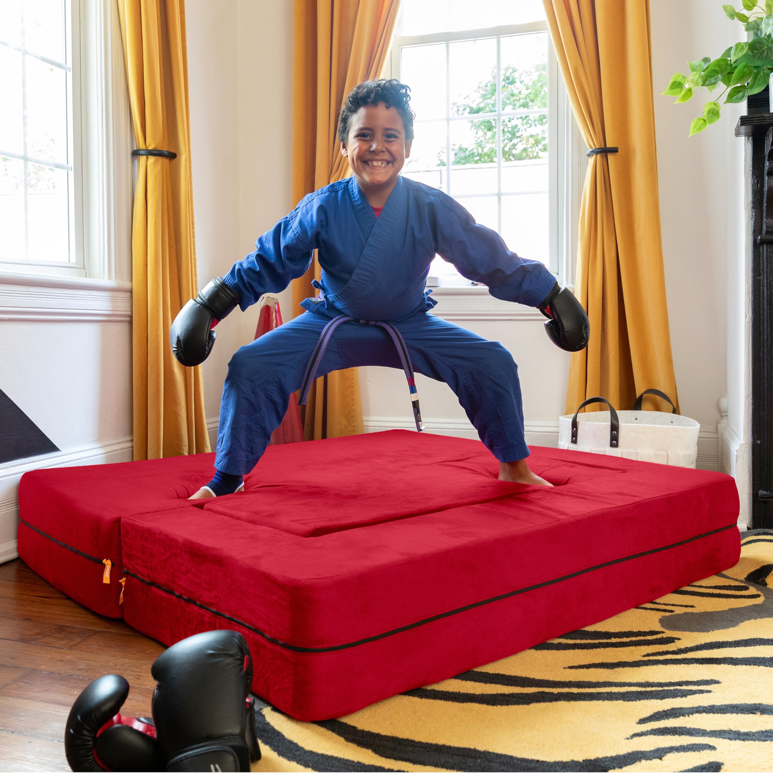 Jaxx Zipline 3-in-1 Fold Out Sofa with Large Ottoman - Big Kids Edition in Cherry Red (17454) | Convertible Sleeper Sofa for Playrooms, Dorm Rooms & Small Spaces