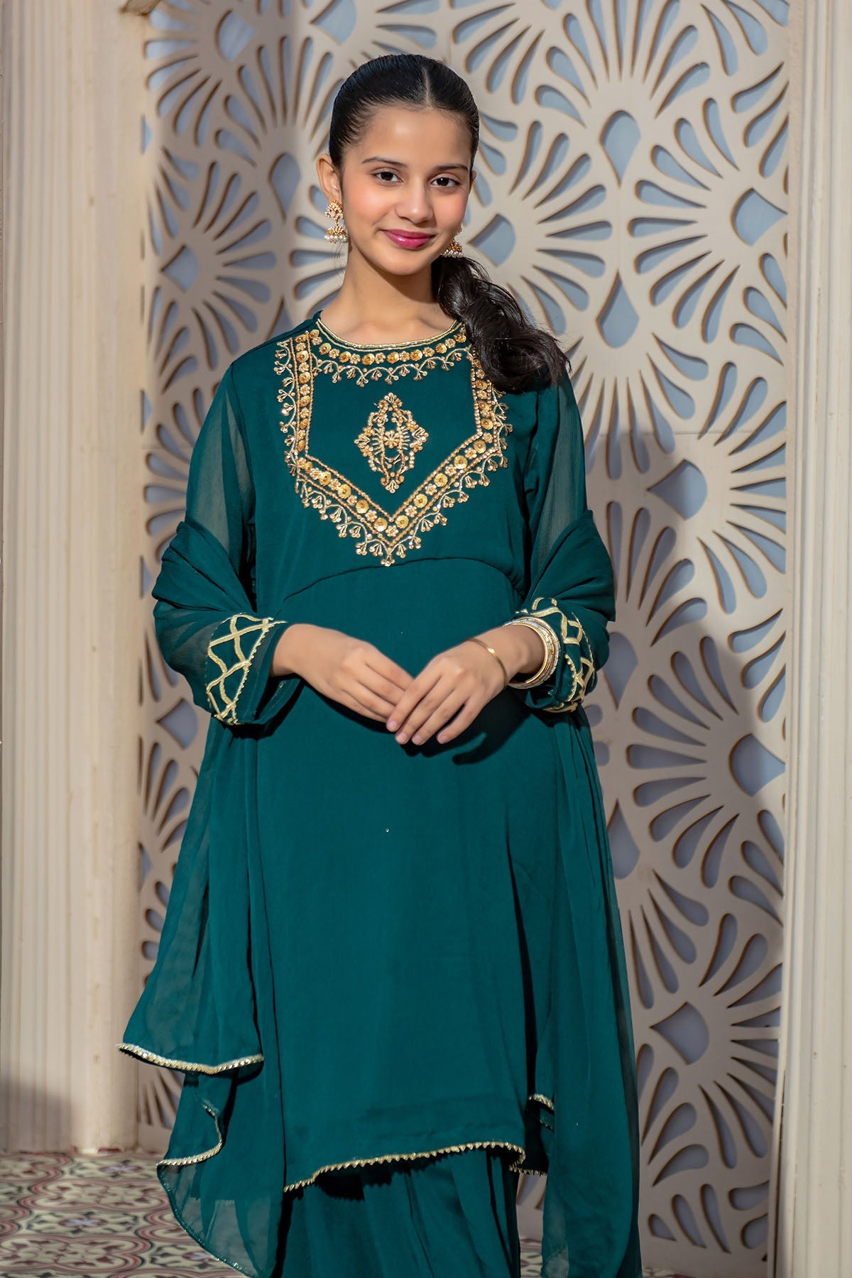 Elegant Dark Green Chiffon Hand Embroidered Suit with Ochre Stitching - Perfect for Weddings, Parties & Special Occasions