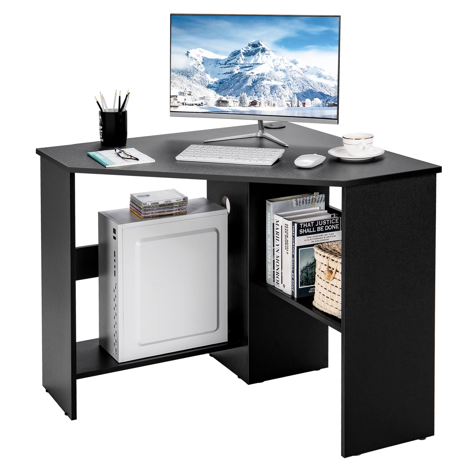 JV10265DK Corner Desk for Home Office, Black - Space-Saving L-Shaped Computer Desk for Small Spaces, Gaming & Workstation Setup