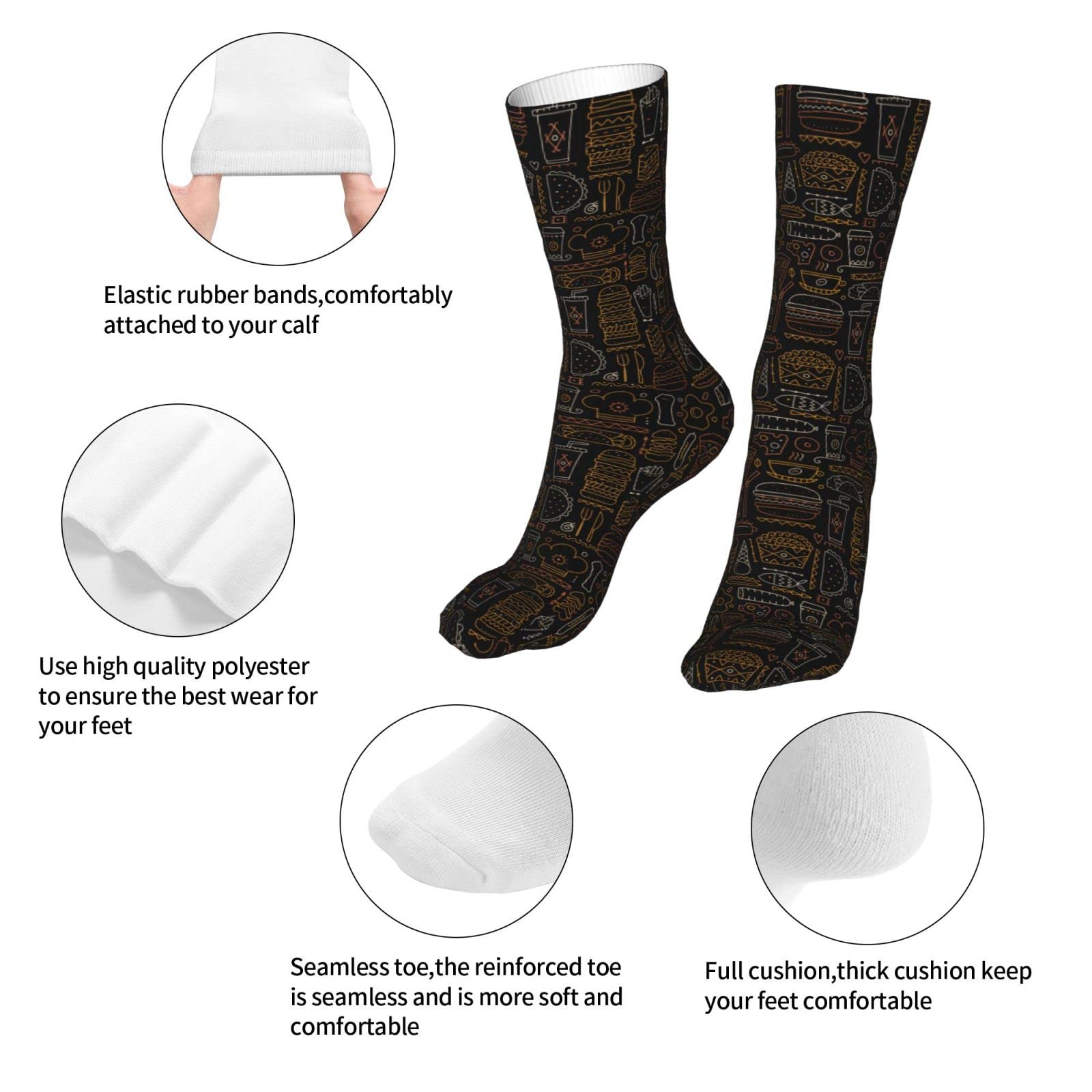 Trendy Black Fast Food Hamburger Pizza Novelty Crew Socks for Women & Men - Comfortable Sports Outdoor Casual Socks for Everyday Wear, Gifts & Themed Parties
