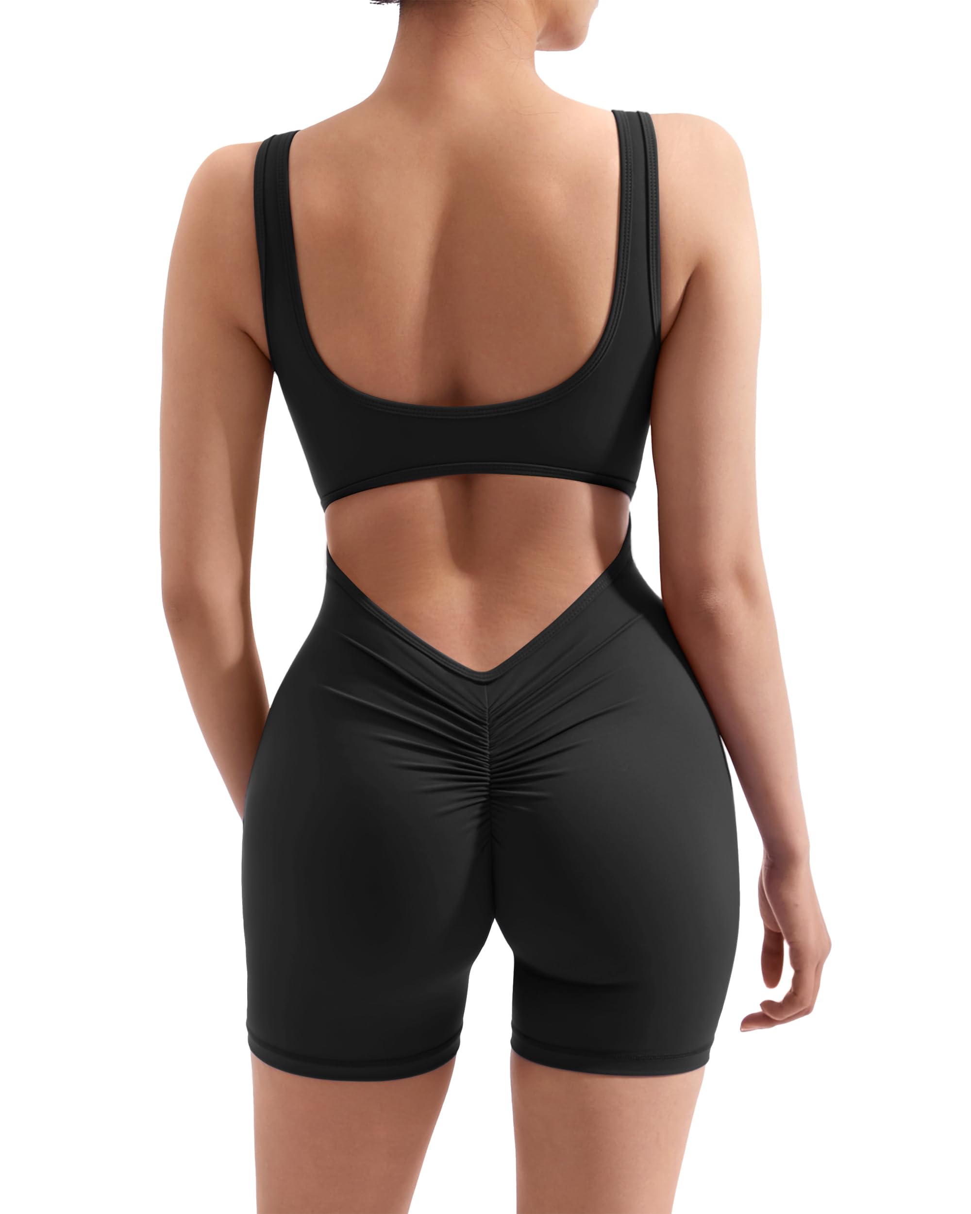 RXRXCOCO Women's Backless V-Neck Jumpsuit with Scrunch Butt & Tummy Control - Workout, Yoga, Gym, Running, Lounge Wear for Women