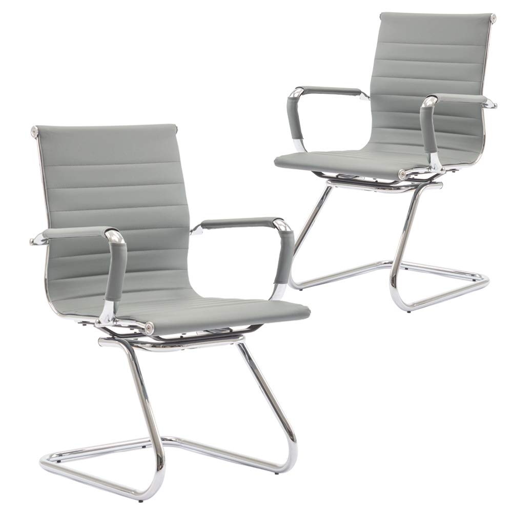 Premium Heavy Duty Office Chair - Ergonomic Leather Conference & Guest Chair with Lumbar Support - Set of 2 (Grey) - Ideal for Reception Areas, Meeting Rooms & Home Offices