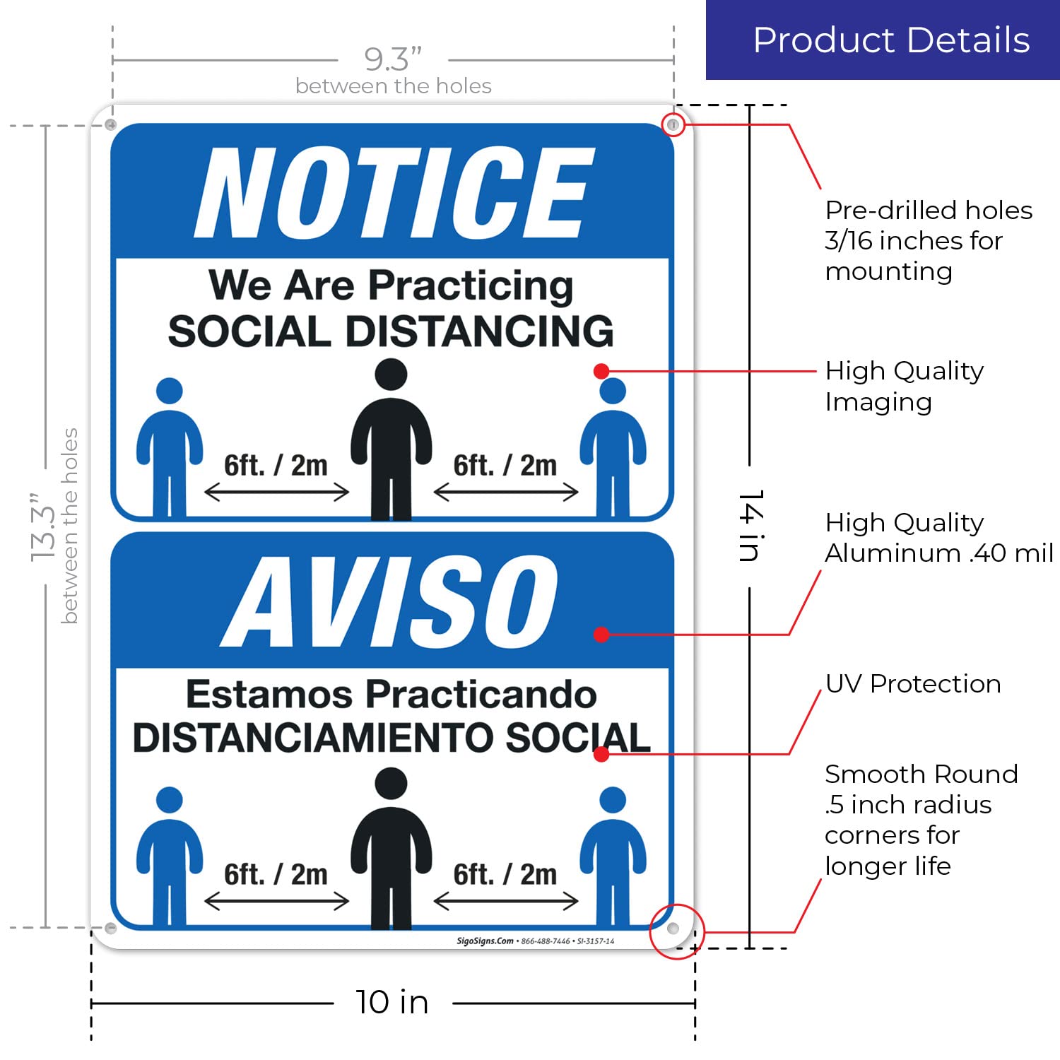 Bilingual Social Distancing Sign - Spanish/English 10x14 Inch Rust-Free Aluminum Sign for Indoor & Outdoor Use | Fade Resistant, Easy to Mount | Made in USA | Perfect for Offices, Schools, and Public Spaces