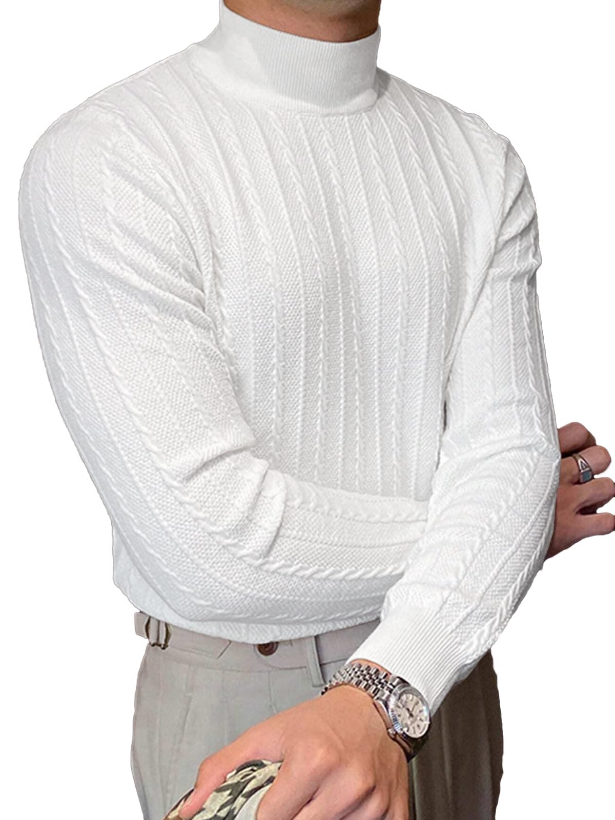 Men's Slim Fit Cable Knit Turtleneck Sweater for Casual Wear