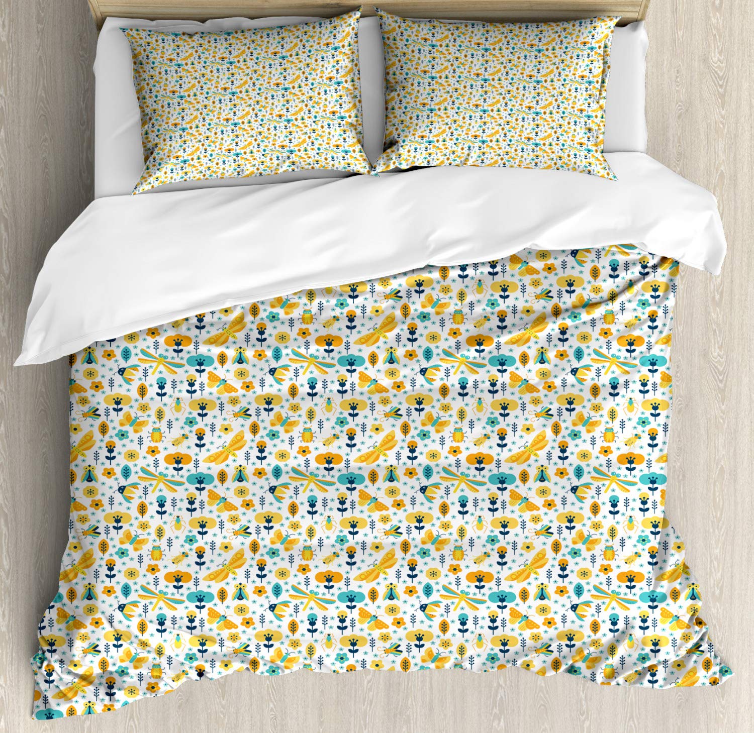 Ambesonne Spring Duvet Cover Set - King Size 2-Pack with 4 Pillowcases | Vibrant Floral Nature Design with Animals | Breathable Bedding for Spring & Summer | Perfect for Master Bedroom, Guest Room & Vacation Homes