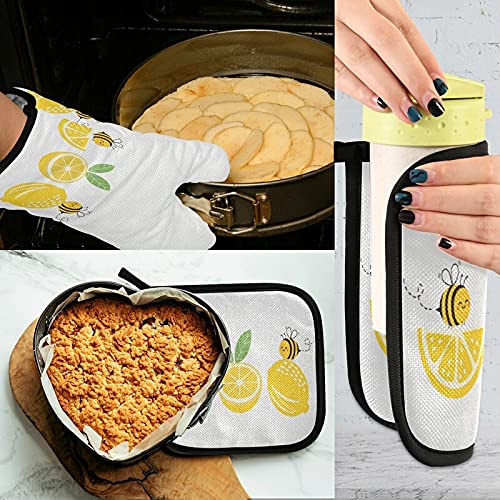 Lemon Bee Oven Mitts & Pot Holder Set - Heat Resistant Kitchen Gloves for Cooking, Baking, BBQ & Grilling - Cute Summer Yellow Kitchen Decor - Recycled Materials - Perfect for Home Cooking, Outdoor Grilling & Hosting Parties