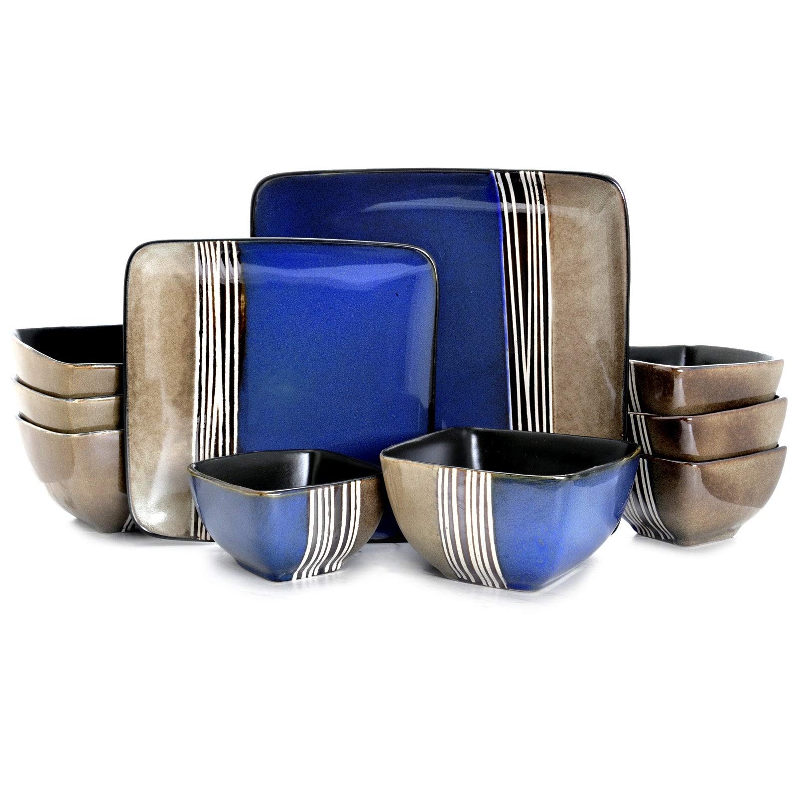 16-Piece Square Dinnerware Set - Blue Stripe Stoneware Plates & Bowls, Microwave & Dishwasher Safe for Casual Dining, Family Gatherings & Everyday Use