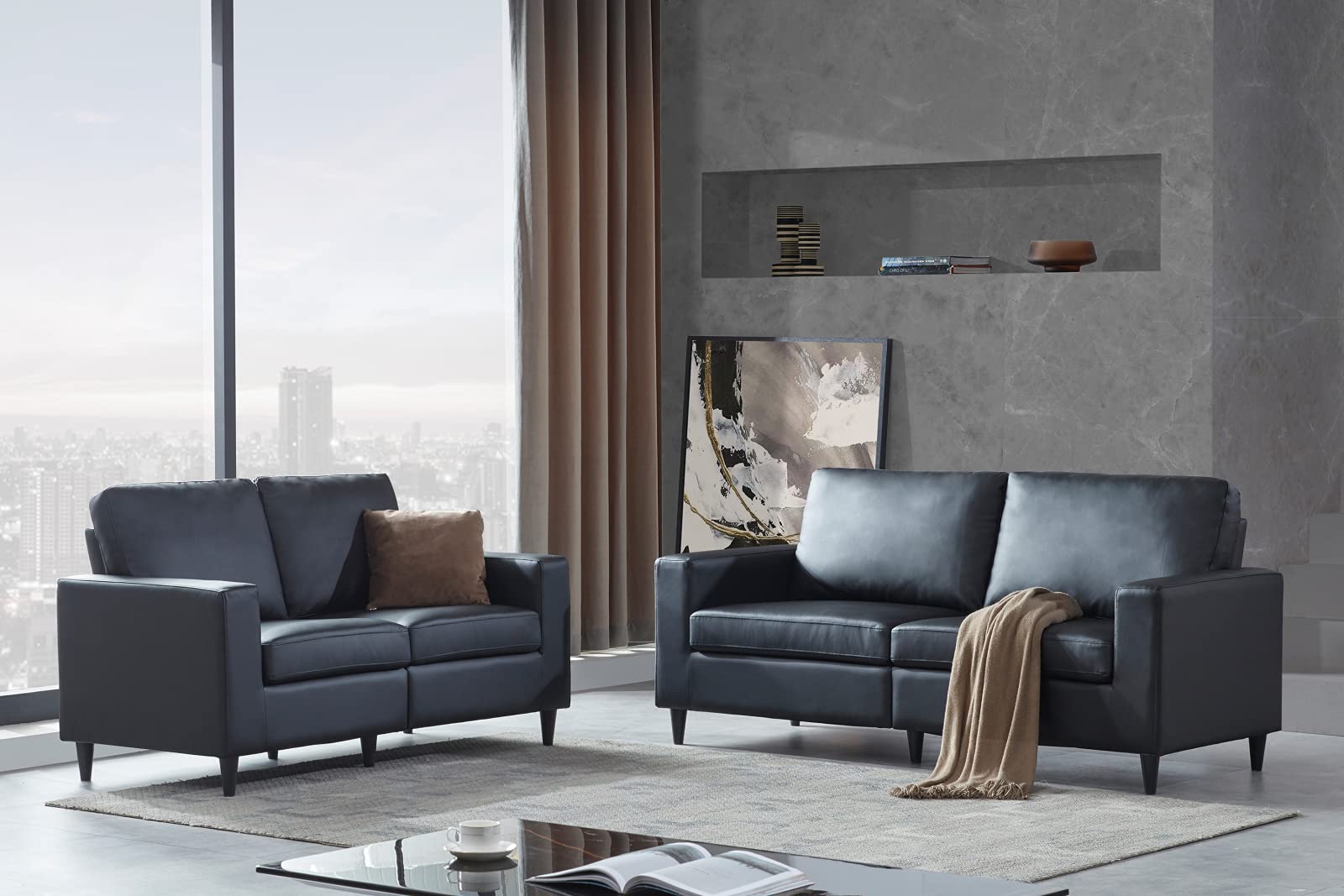 Modern PU Leather Sectional Sofa Set - Faux Leather Upholstered Loveseat for Living Room, Home Office & Guest Room - Classic Black Sofa Couch - Perfect for Small Spaces, Family Gatherings & Relaxing