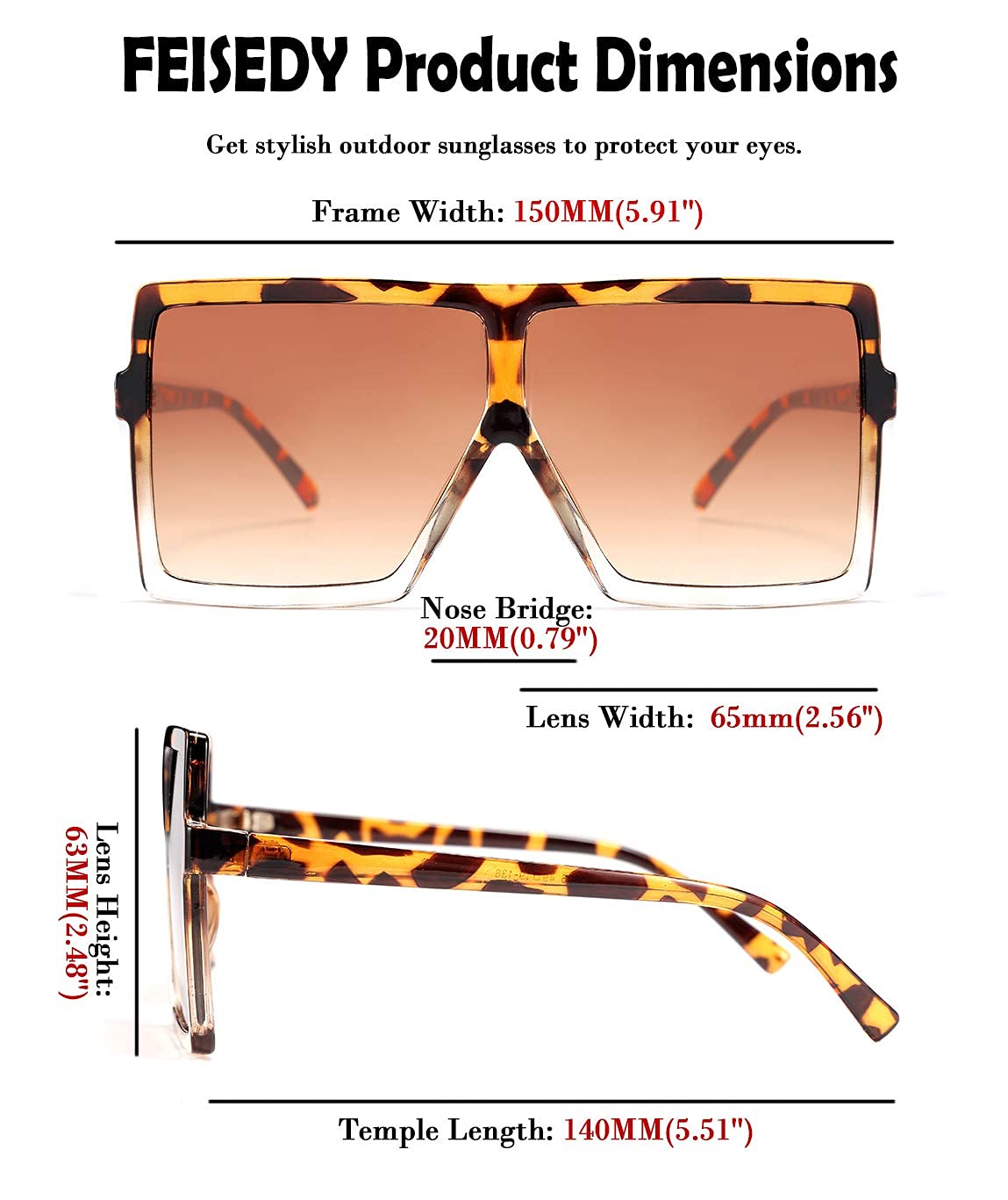 FEISEDY Women's Oversized Square Sunglasses - UV400 Protection, Large Frame Fashion Shades for Women - Perfect for Beach, Driving & Outdoor Activities