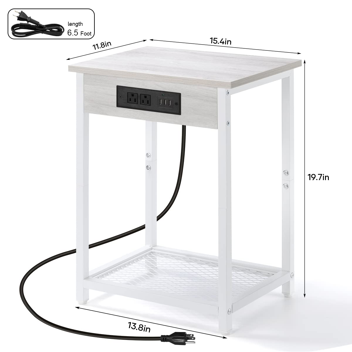 2-Tier Nightstand Set of 2 with USB Charging Station - Narrow End Tables with Storage Shelf for Bedroom & Living Room - Light Maple White - Perfect for Small Spaces & Device Charging
