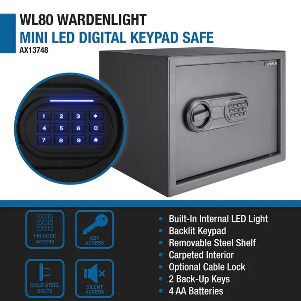 Barska AX13748 WardenLight Mini LED Digital Keypad Safe - Compact Biometric Security Box for Home, Office & Travel | Protect Jewelry, Cash & Documents