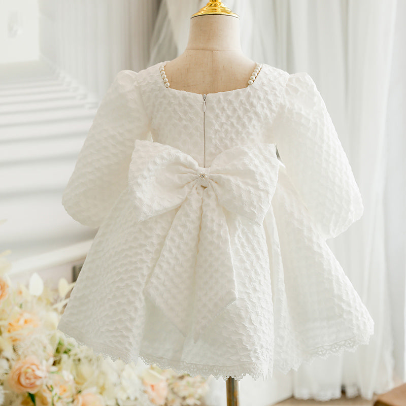 Baby Girl Baptism Dress - White Beaded Princess Christening Gown with Bow for Church, Party & Cake Smash Photography | Elegant First Communion Outfit