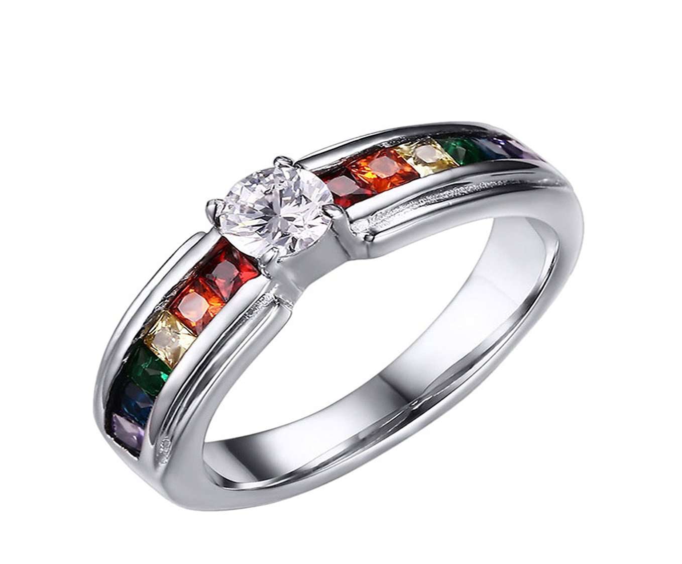 316L Stainless Steel LGBT Pride Rainbow CZ Cubic Zirconia Wedding Engagement Rings for Couples - Perfect for Same-Sex Proposals, Commitment Ceremonies & Anniversary Gifts