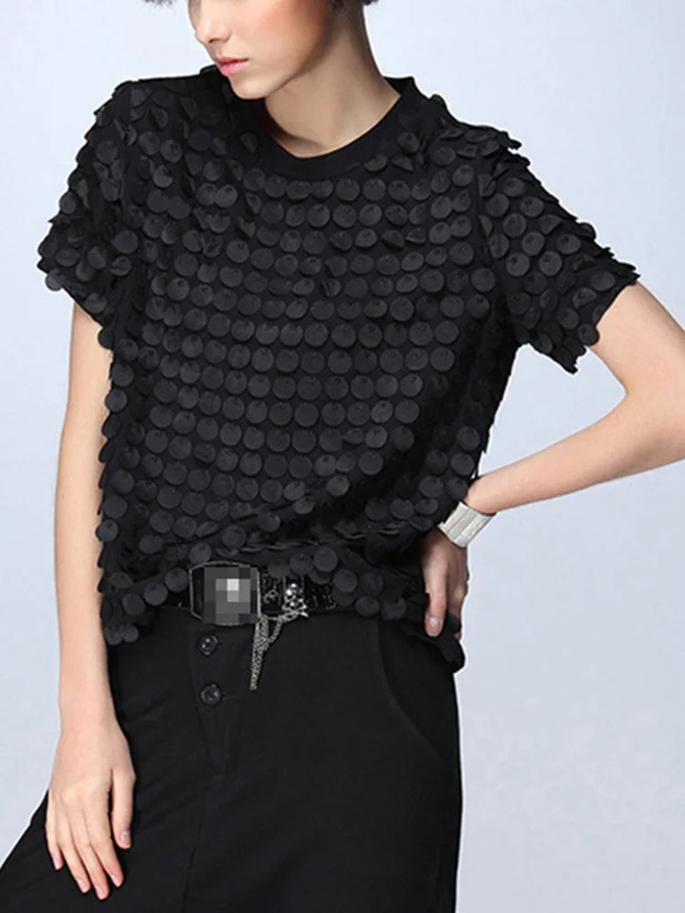 Black Patchwork Sequin T-Shirt for Women - Round Neck Short Sleeve Casual Loose Fit Top | Perfect for Parties, Night Out and Fashion Streetwear