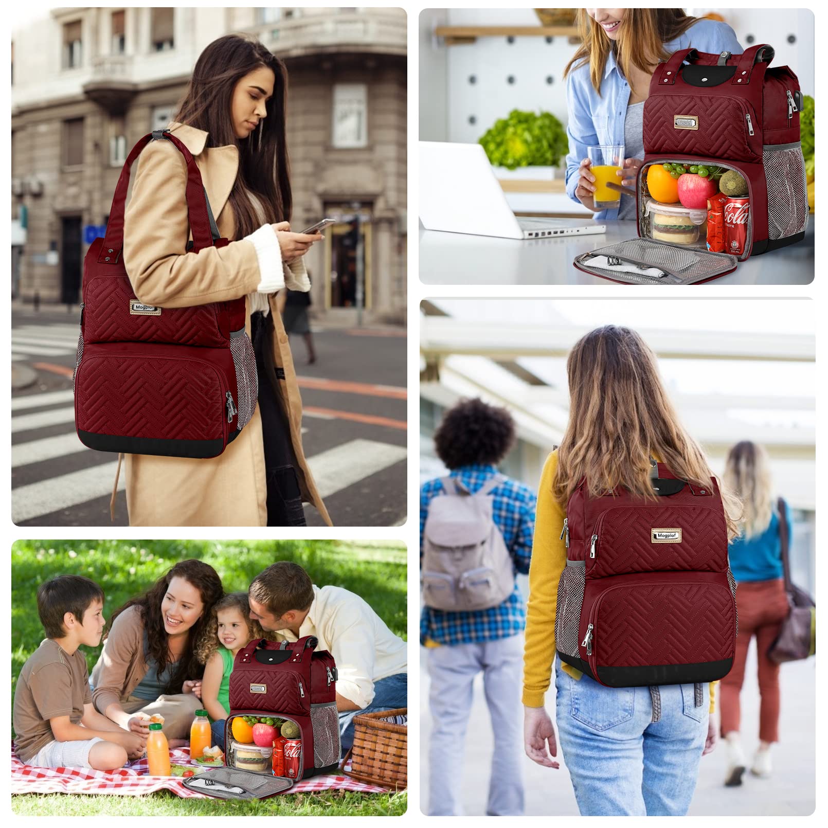 Mogplof Insulated Lunch Backpack for Women - Water-resistant Cooler Backpack with USB Port & RFID Pockets, Fits 15.6 Inch Laptop, Red - Perfect for College, Nurse Work, Travel, and Outdoor Adventures