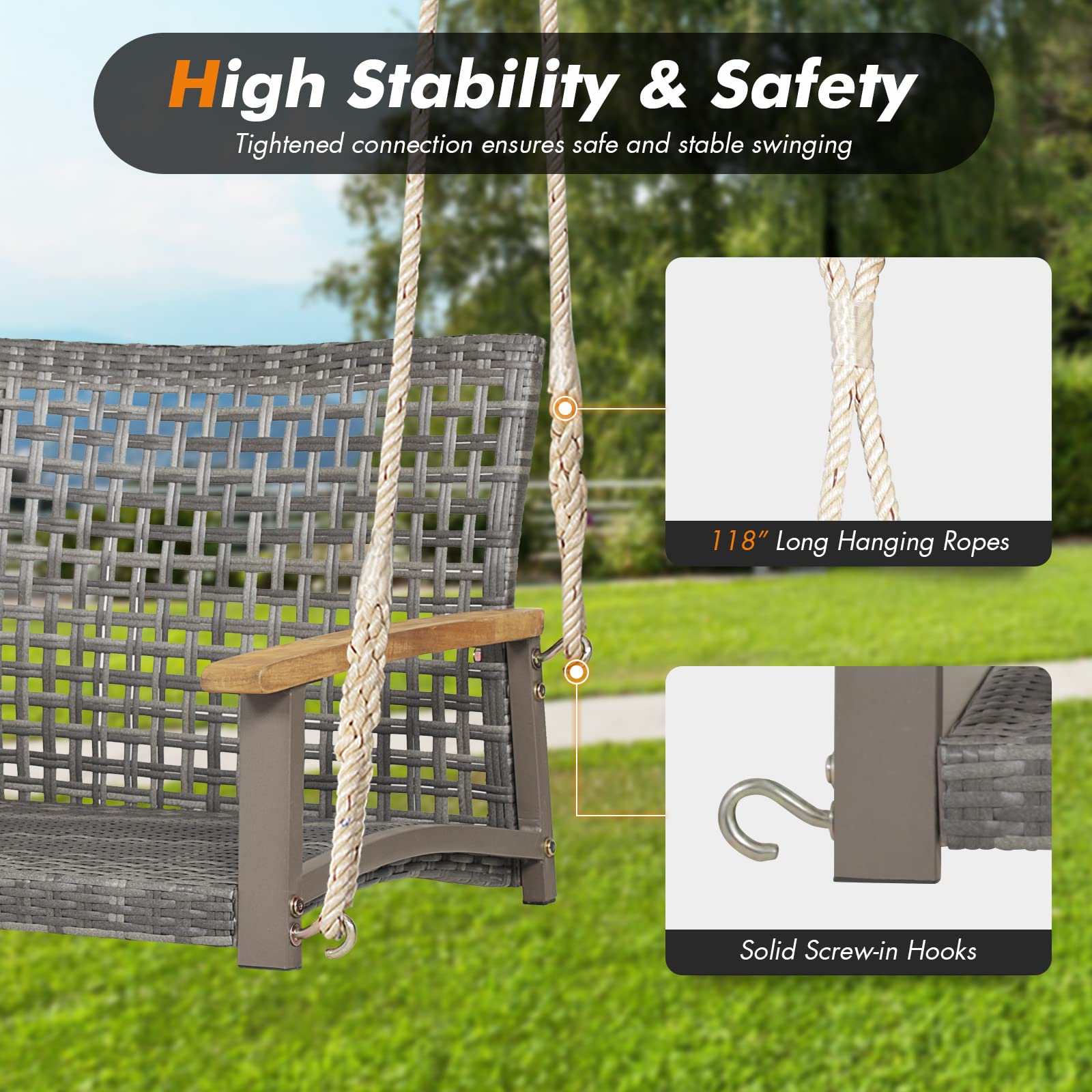 Happygrill 2-Person Outdoor Rattan Swing Chair with Acacia Wood Armrests - 118
